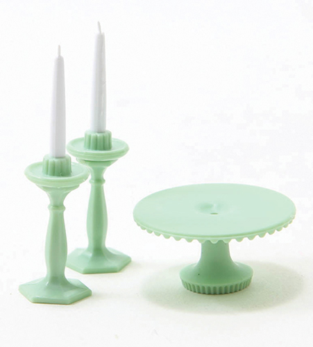 Dollhouse Miniature Cake Plate W/2 Candlesticks, Jadeite